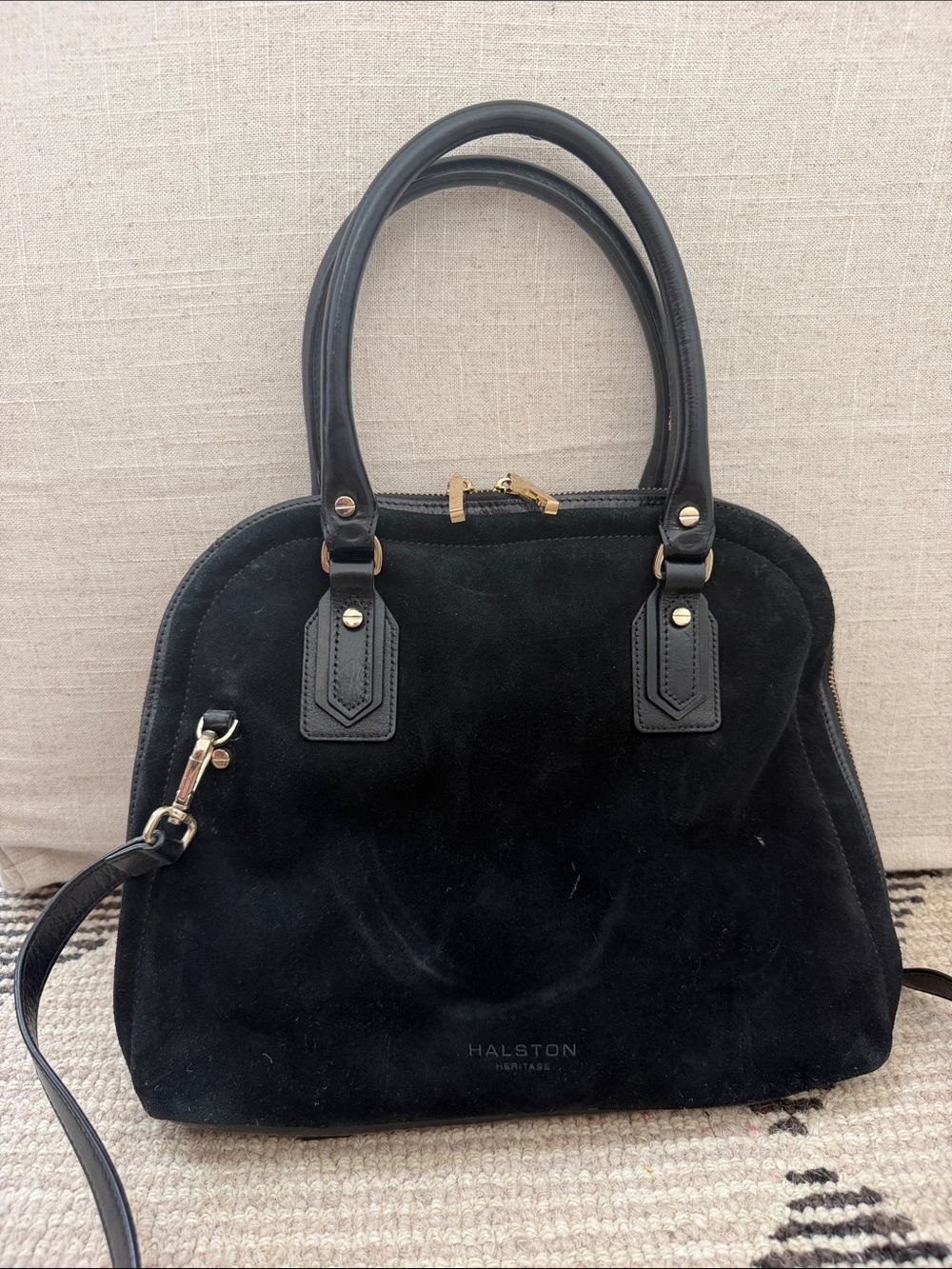 Halston Heritage Black Suede Dome Satchel with Gold-Tone Hardware